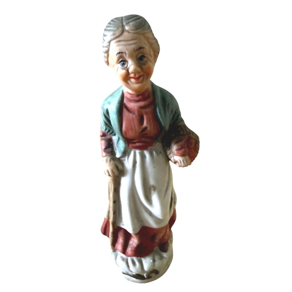 Flambro Vintage Figurine Fine Porcelain Old‎ Woman w/Basket Cane Rustic Taiwan